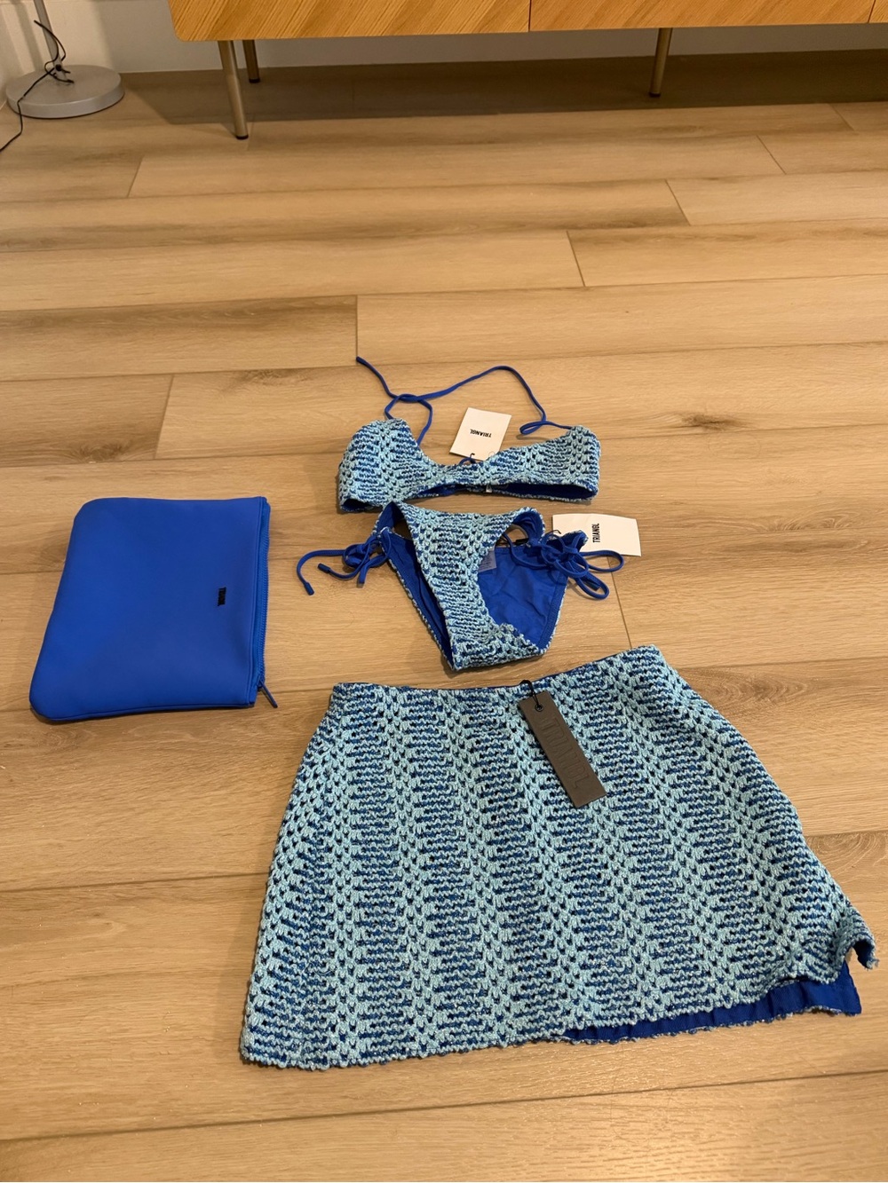 NWT TRIANGL DELO BLUE CROCHET BIKINI AND SKIRT SET -  BIKINI SMALL / SKIRT XS/S